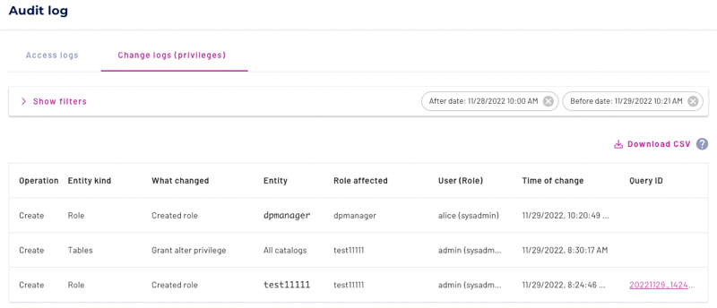 Audit log Change logs page