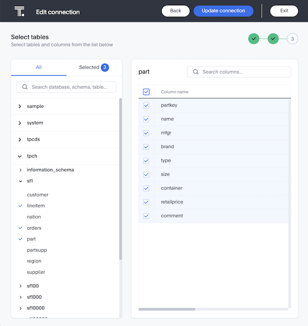 Image depicting select tables pane in ThoughtSpot