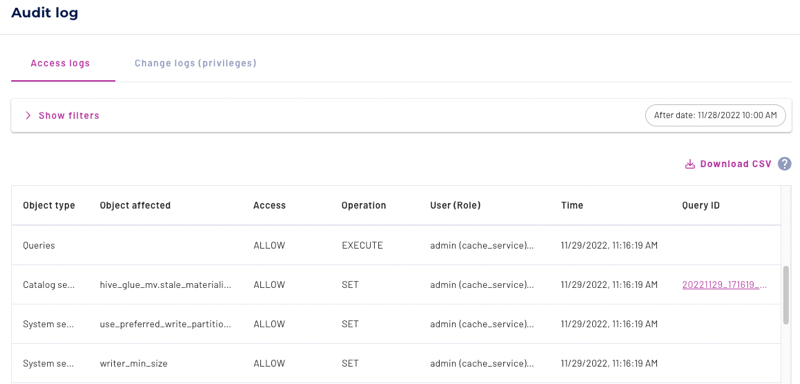 Audit log Access logs page