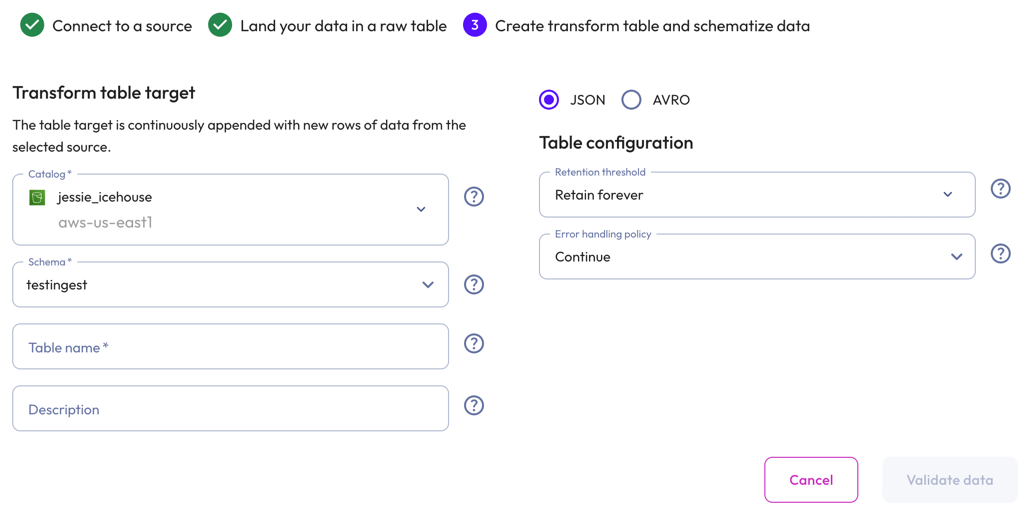Data ingest create a transform table for json data