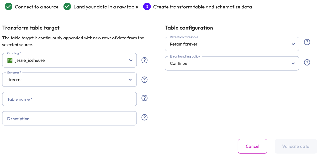 Data ingest kafka create a transform table