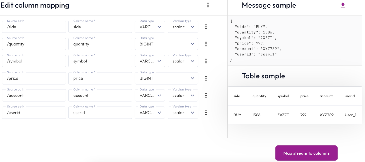 Data ingest kafka map to columns