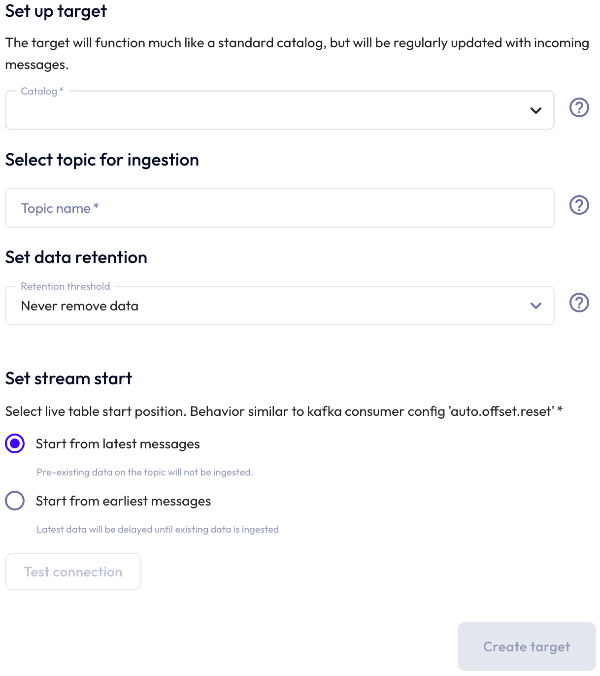 Data ingest kafka select a target and topic