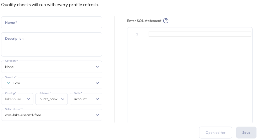 create data quality check dialog