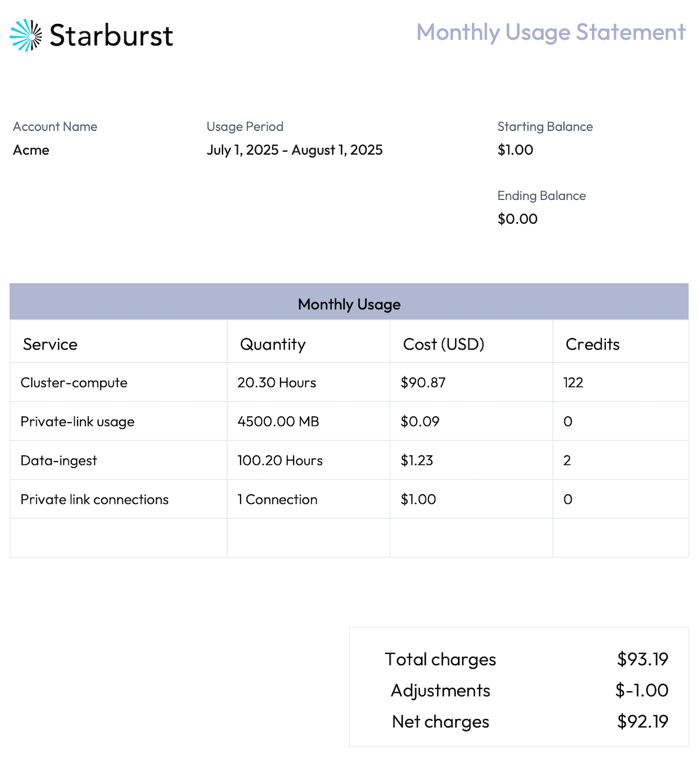 Image of a monthly usage statement