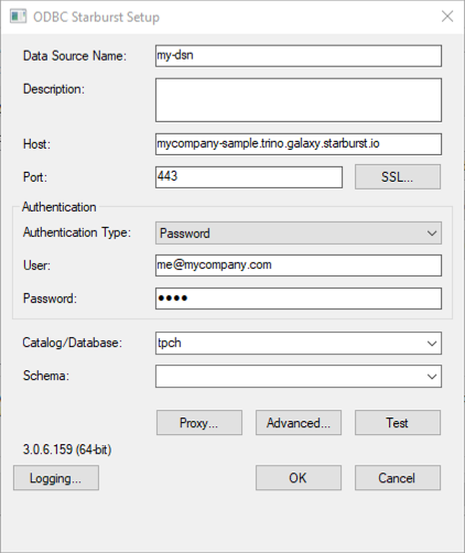 ODBC Starburst Setup window