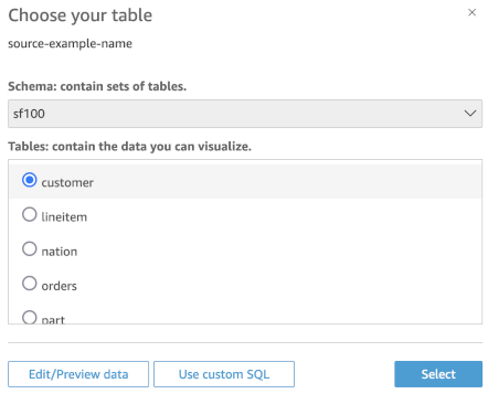 quicksight choose your table dialog
