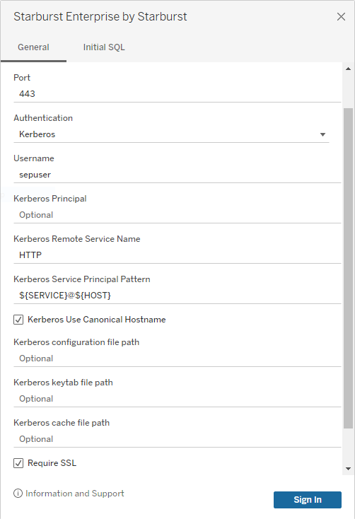 Tableau Connector login dialog with Kerberos authentication