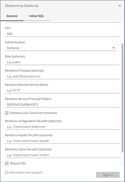 Starburst connector dialog with Kerberos authentication options