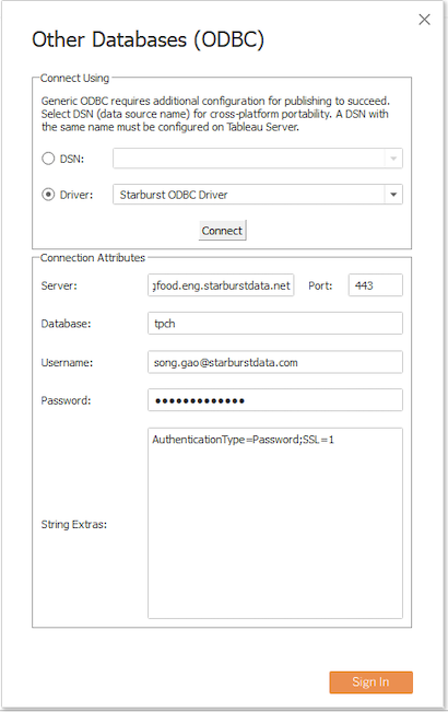 Tableau ODBC connector dialog