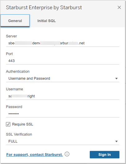Tableau Connector login dialog