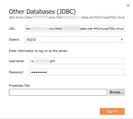 Tableau Other Databases login dialog