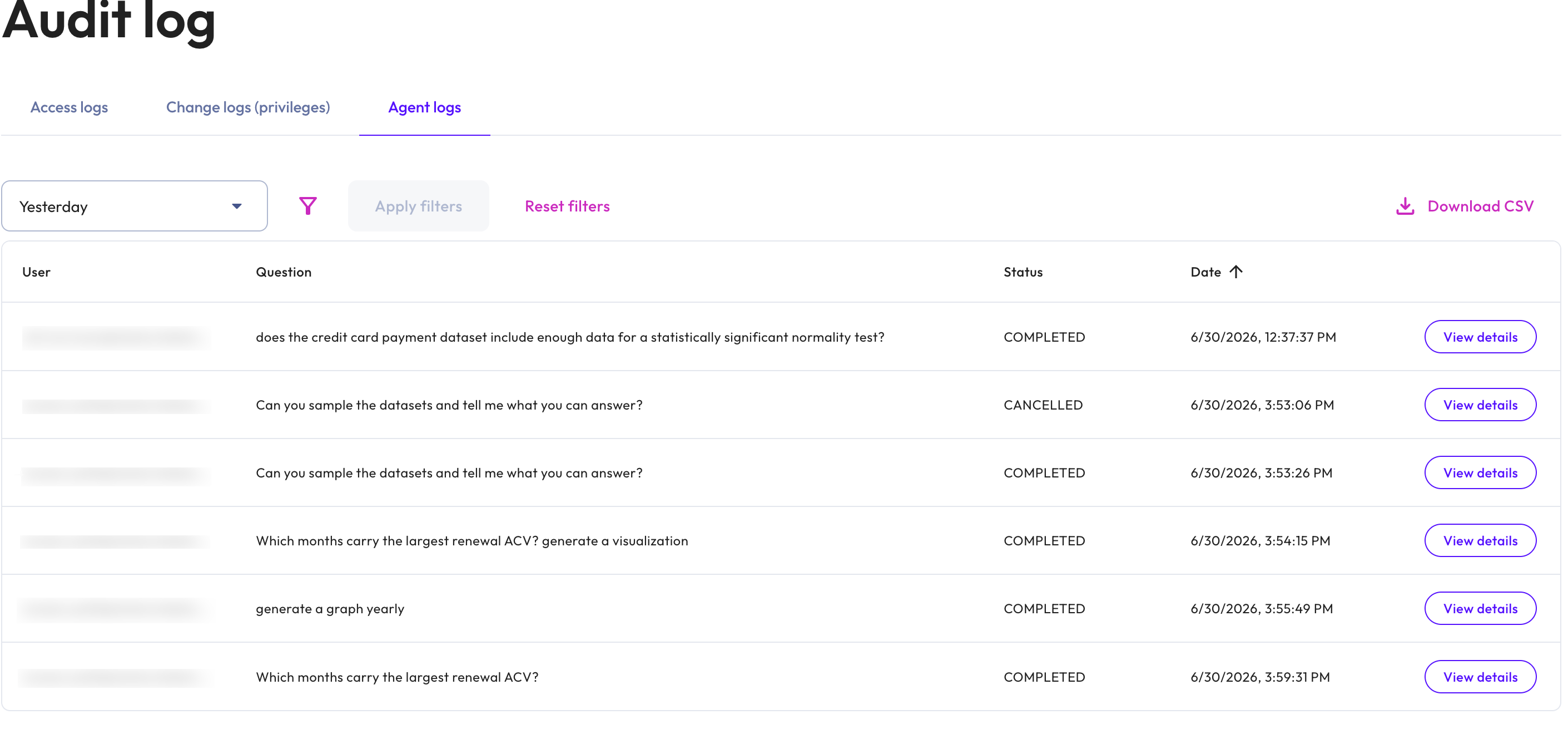 Audit log Change logs page